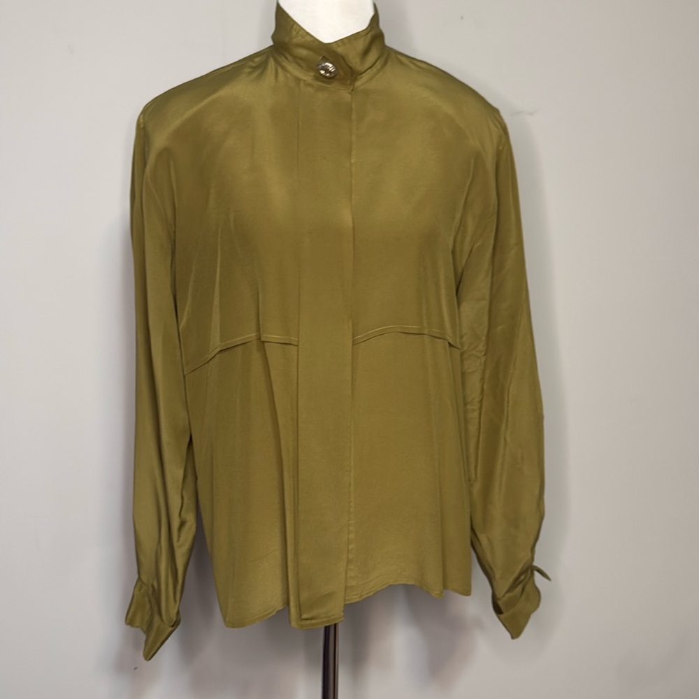 Vintage 80’s Anne Klein Army Green Silk Blouse Top sz 8